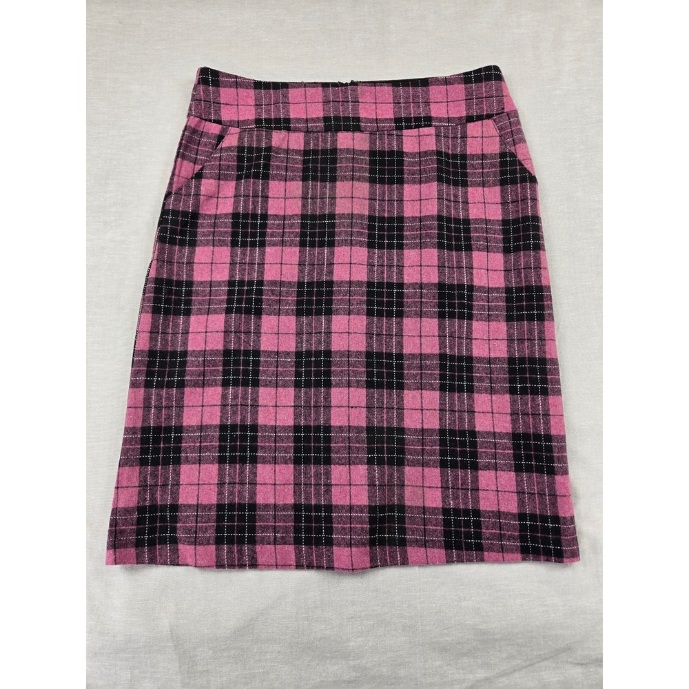 DownEast Basics Pink Black Plaid Wool Blend Pencil Skirt Size M Side Pockets